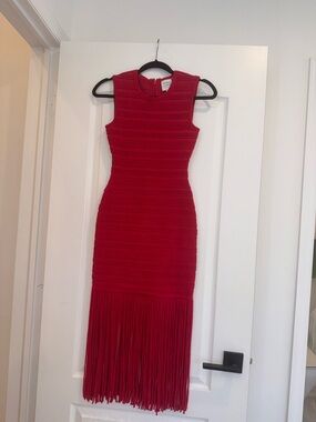Herve Leger Red Sleeveless Fringe Midi Dress